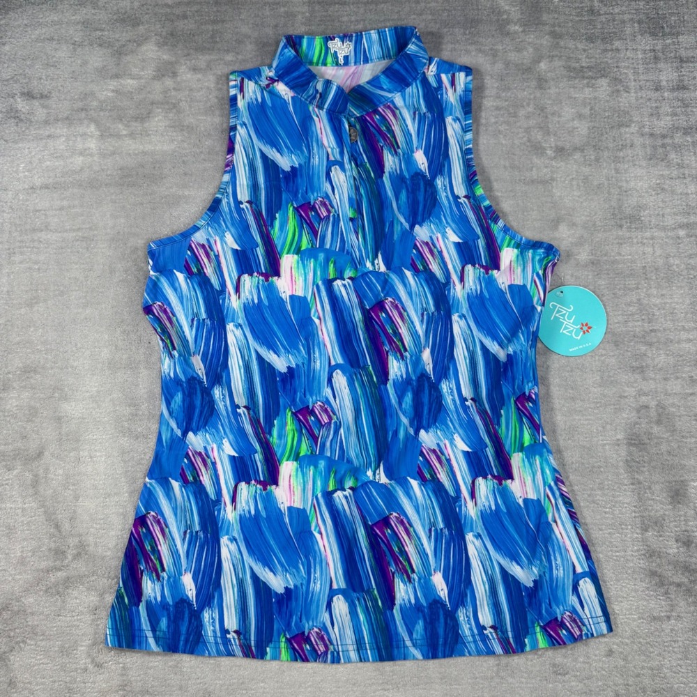 Tzu Tzu Shirt Women Large Blue Bella Top Brushstrokes Sleeveless Golf UPF 50 NWT